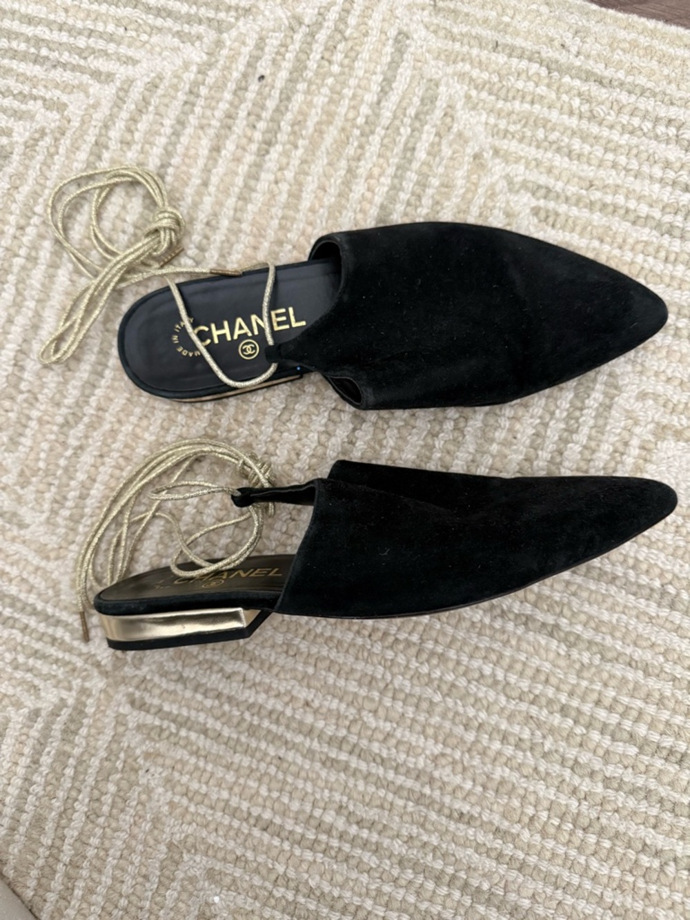 CHANEL 2015 CC Logo Dubai Cruise Mules/Flats (from Stassi Schroeder’s closet)